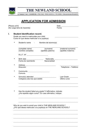 APPLICATION FOR ADMISSION - The Newland School