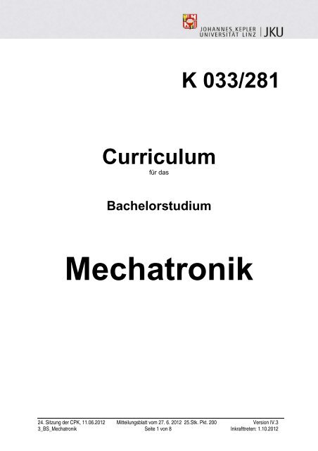 Studienplan Mechatronik Bachelor - JKU