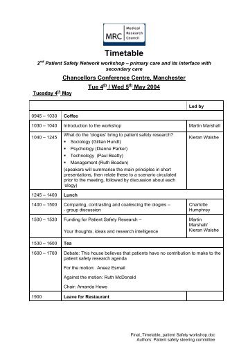 Outline for 1st Patient Safety Network workshop - Institute of Health ...