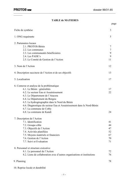 dossier 99/31.65 TABLE de MATIERES page Fiche de synthÃ¨se 3 1 ...