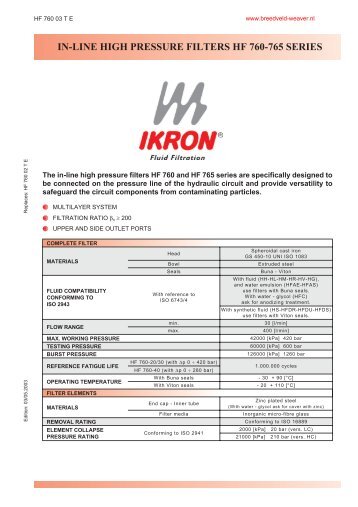 in-line high pressure filters hf 760-765 series - Breedveld & Weaver