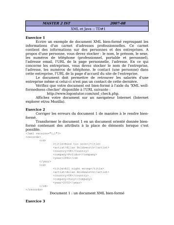 TD#1 Exercice 1 Ecrire un exemple de document XML bien-formé ...