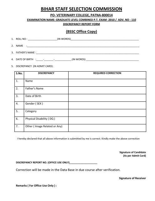 BSSC Office Copy - Bihar Staff Selection Commission