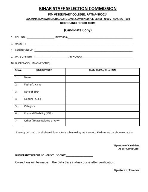 BSSC Office Copy - Bihar Staff Selection Commission