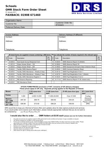 Schools OMR Stock Form Order Sheet FAXBACK: 01908 ... - DRS