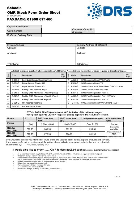Schools OMR Stock Form Order Sheet FAXBACK: 01908 ... - DRS