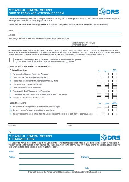 2013 Annual General Meeting Form Of Proxy And Attendance Drs