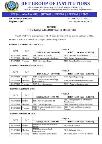 to see the B. Tech. (V Semester) OPEN BOOK TEST Time Table - JIET