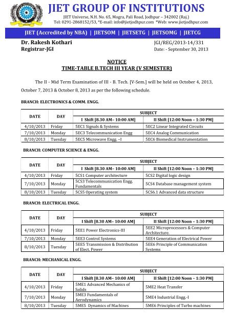 to see the B. Tech. (V Semester) OPEN BOOK TEST Time Table - JIET