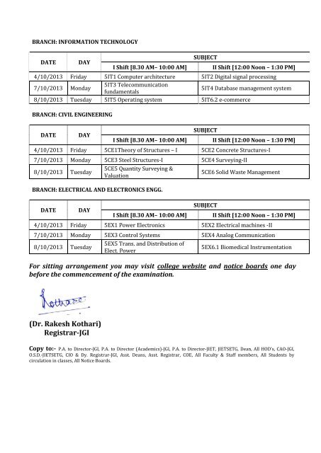 to see the B. Tech. (V Semester) OPEN BOOK TEST Time Table - JIET