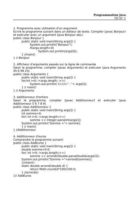 Programmation Java TD N° 1 1. Programme avec utilisation d'un ...