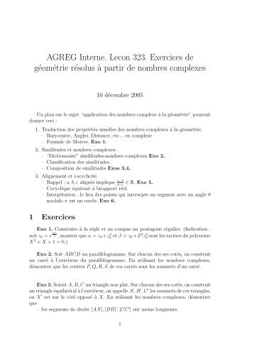 AGREG Interne. Lecon 323. Exercices de gÃ©omÃ©trie rÃ©solus `a partir ...