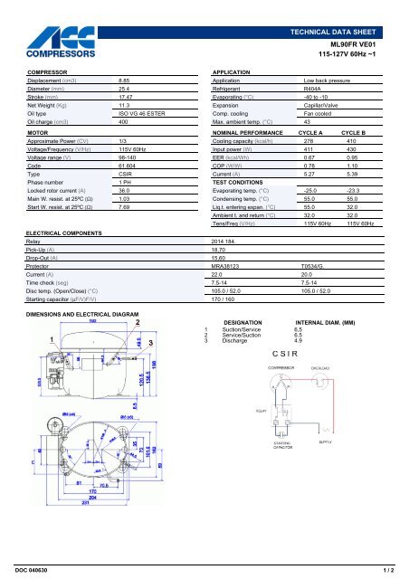 TECHNICAL DATA SHEET ML90FR VE01 115-127V 60Hz ~1