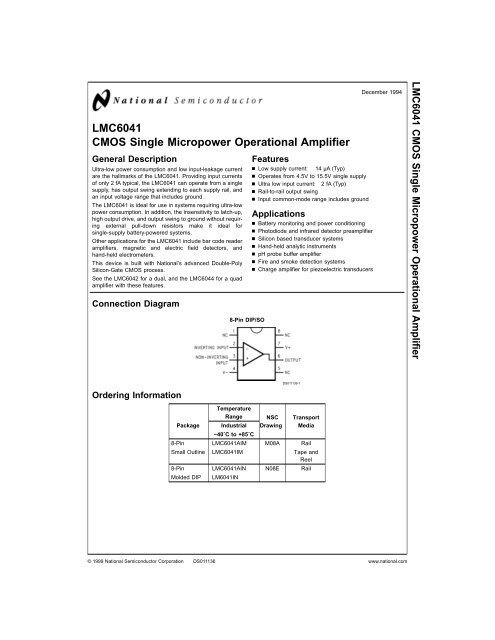 LMC6041 CMOS Single Micropower Operational Amplifier - Futurlec