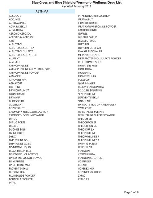 Blue Cross and Blue Shield of Vermont - Wellness Drug List ASTHMA