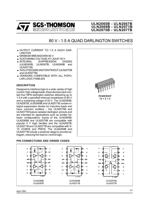 ULN2069B QUAD 1.5 A DARLINGTON SWITCHES