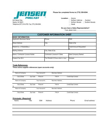 CUSTOMER INFORMATION SHEET - Jensen Precast