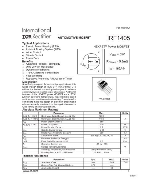 IR IRF1405 MOSFET datasheet - Robot Power