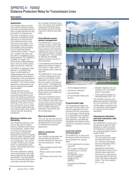 SIPROTEC 4 7SA522 Distance Protection Relay for Transmission ...