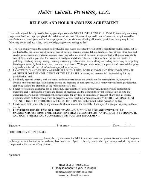 next level fitness, llc. release and hold harmless agreement