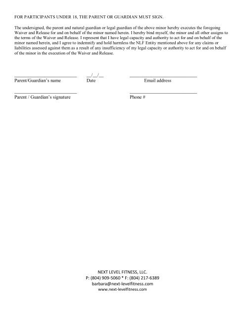 next level fitness, llc. release and hold harmless agreement