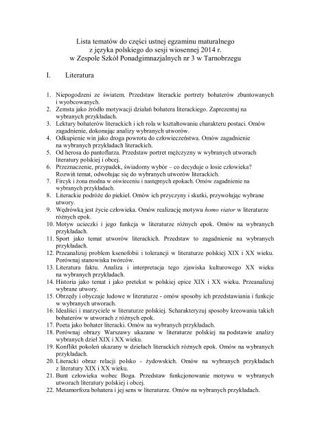Lista tematów do matury ustnej egzaminu maturalnego w roku 2014