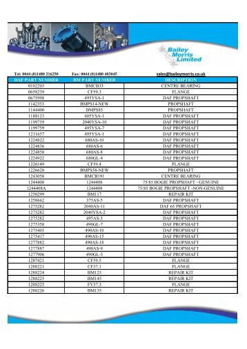 DAF Part List - Bailey Morris Limited