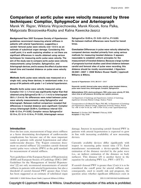 Comparison Of Aortic Pulse Wave Velocity Measured By Arteriograf
