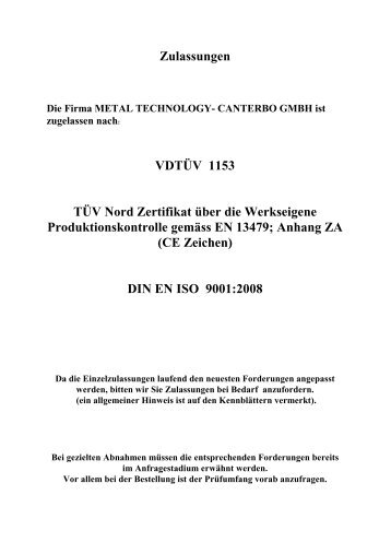 Zulassungen VDTÜV 1153 TÜV Nord Zertifikat über die ...