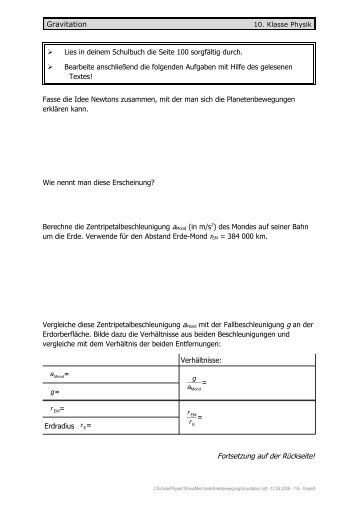 Arbeitsblatt Gravitationsgesetz - von Christoph Gnandt