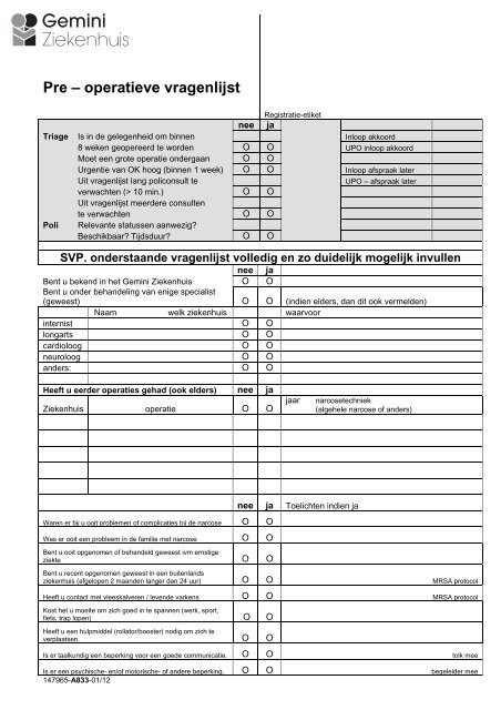 Pre â operatieve vragenlijst - Gemini Ziekenhuis