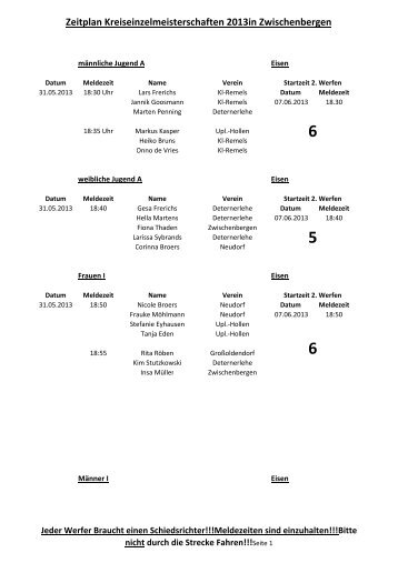 Zeitplan Kreiseinzelmeisterschaften 2013in Zwischenbergen