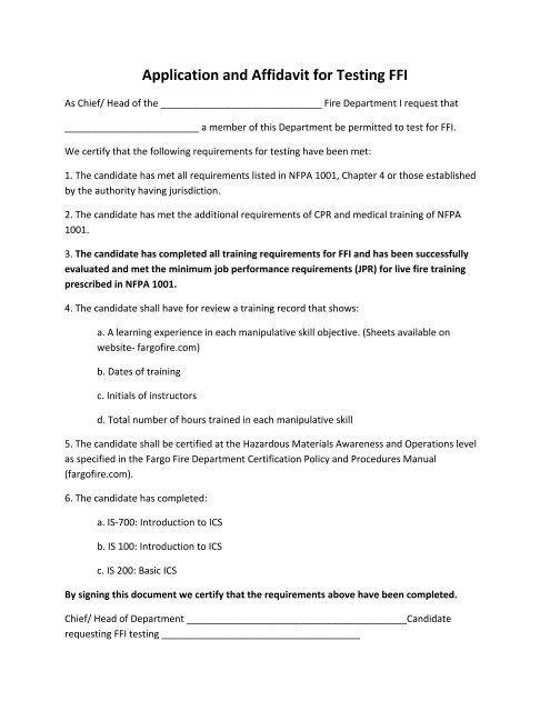 Application and Affidavit for Testing FFI - City of Fargo