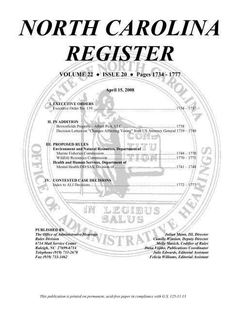NC Register Volume 22 Issue 20 - Office of Administrative Hearings