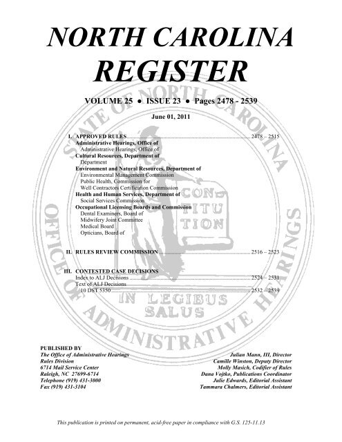 NC Register Volume 25 Issue 23 - Office of Administrative Hearings