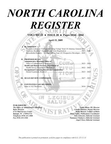 NC Register Volume 23 Issue 20 - Office of Administrative Hearings