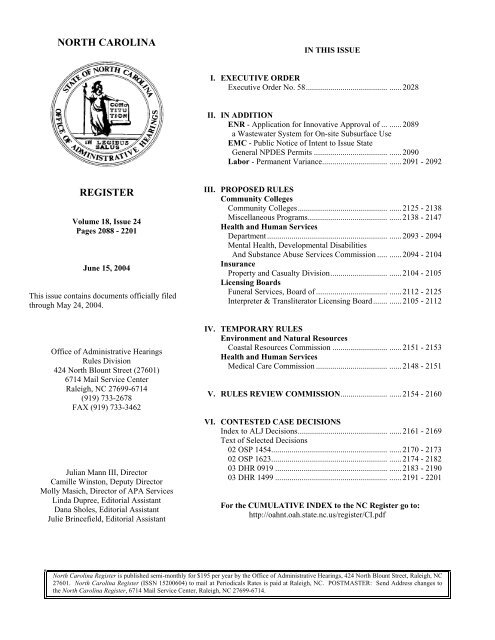 NC Register Volume 18 Issue 24 Office of Administrative Hearings