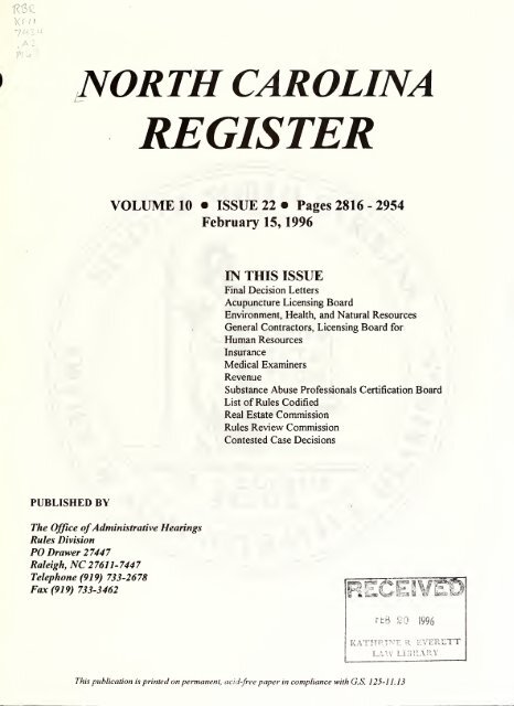 NC Register Volume 10 Issue 22 - Office of Administrative Hearings