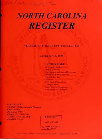NC Register Volume 13 Issue 10 - Office of Administrative Hearings