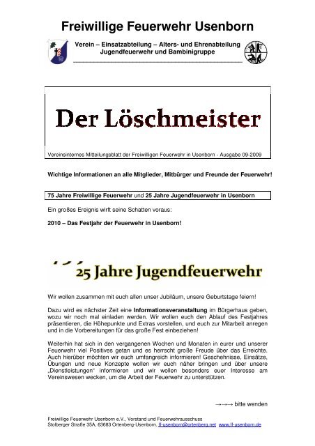 LÃ¶schmeister Ausgabe 01/2009 - Freiwillige Feuerwehr Usenborn eV