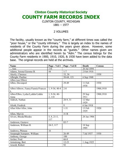 COUNTY FARM RECORDS INDEX - DeWitt Public Library