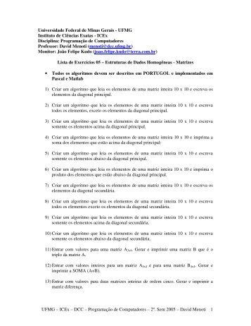 5Âª. Lista de ExercÃ­cios â Matrizes - UFMG