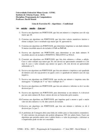 2Âª. Lista de ExercÃ­cios - UFMG