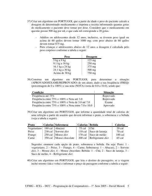 2Âª. Lista de ExercÃ­cios - UFMG