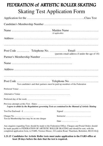 Skating Test Application Form - Federation of Artistic Roller Skating