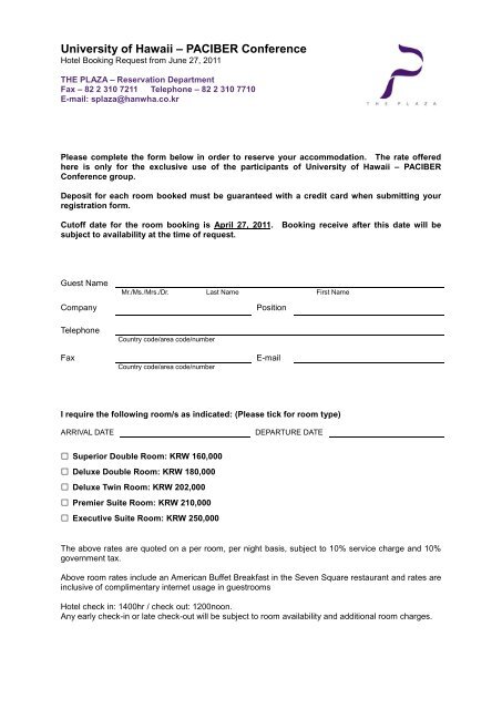 Seoul Plaza Hotel - Registration Form - PACIBER - University of ...