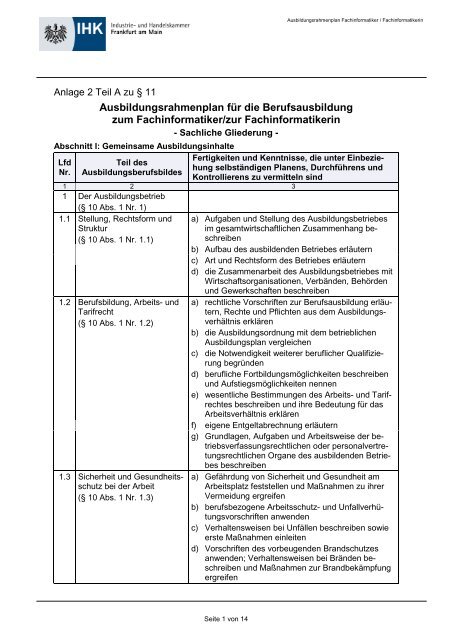 Ausbildungsrahmenplan Fachinformatiker/ Fachinformatikerin