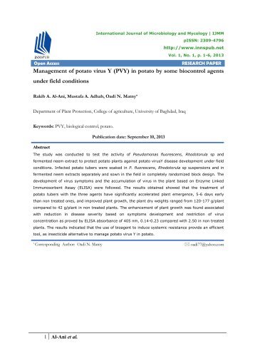 Management of potato virus Y (PVY) in potato by some biocontrol agents under field conditions