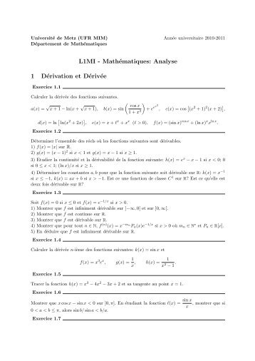 L1MI - MathÃ©matiques: Analyse 1 DÃ©rivation et DÃ©rivÃ©e