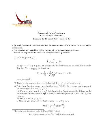 Analyse complexe Examen du 18 mai 20101 - durÃ©e : 3h